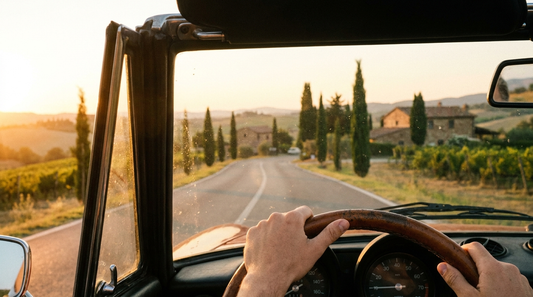 Come avere l'auto sempre profumata: strada panoramica italiana vista dal parabrezza al tramonto