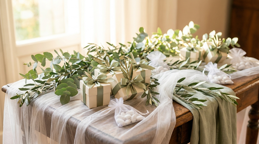 Bomboniere profumate per matrimonio: tavolo elegante con scatoline, nastri in raso e confetti bianchi