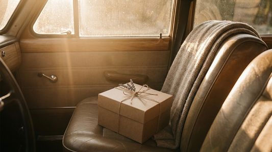 Profumatore per auto come idea regalo originale: pacchetto regalo con nastro sul sedile dell'auto