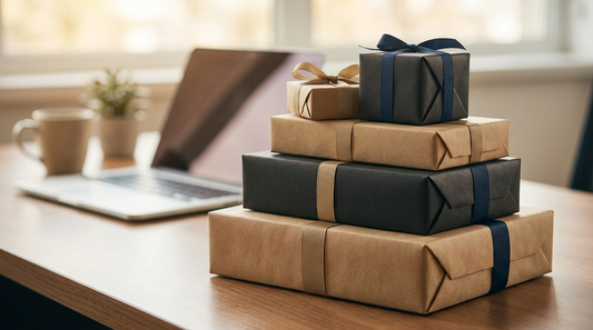 Regali aziendali profumati per clienti e dipendenti: eleganti confezioni regalo su scrivania in ufficio