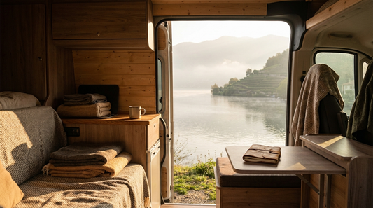 Come eliminare i cattivi odori in camper: interno del van con porta aperta sul lago al mattino
