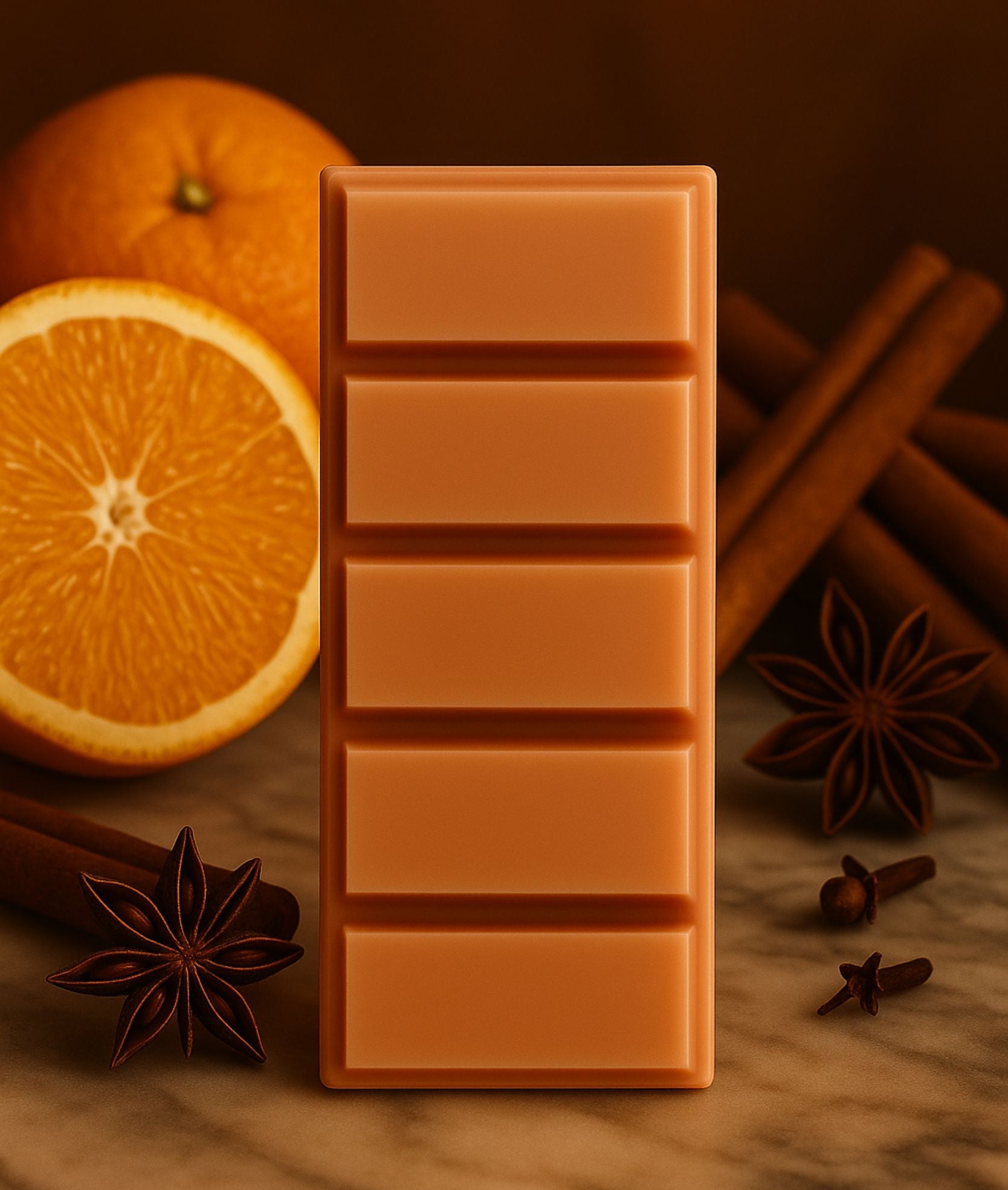 Aroma tart artigianale in cera di soia profumata all'arancia speziata, con forma elegante a blocco facilmente divisibile